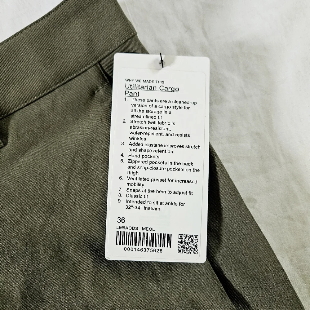 Lululemon Utilitarian Cargo Pant MEOL Medium Olive Green Men's Size 36